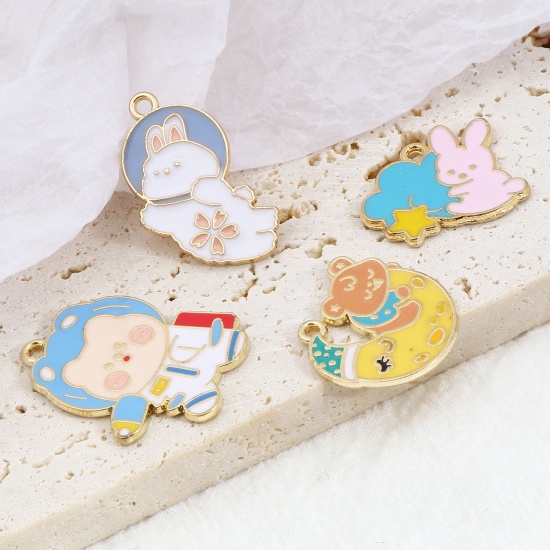 Picture of Zinc Based Alloy Galaxy Charms Rocket Gold Plated Multicolor Dog Enamel 27mm x 21mm, 10 PCs