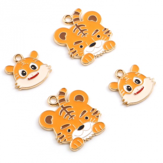 Picture of Zinc Based Alloy Charms Tiger Animal Gold Plated Orange Enamel 18mm x 17mm, 10 PCs