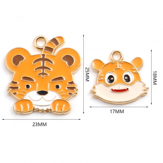 Picture of Zinc Based Alloy Charms Tiger Animal Gold Plated Orange Enamel 18mm x 17mm, 10 PCs