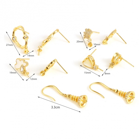 Picture of Brass Micro Pave Ear Post Stud Earrings 18K Real Gold Plated Clear Rhinestone Post/ Wire Size: (21 gauge), 2 PCs                                                                                                                                              
