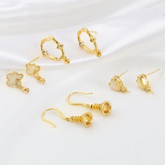 Picture of Brass Micro Pave Ear Post Stud Earrings 18K Real Gold Plated Clear Rhinestone Post/ Wire Size: (21 gauge), 2 PCs                                                                                                                                              