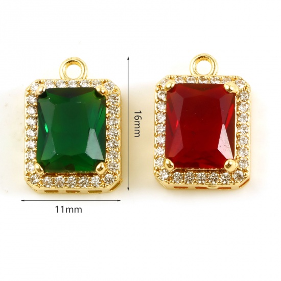 Picture of Brass Micro Pave Charms Rectangle 18K Real Gold Plated Multicolour Cubic Zirconia Clear Rhinestone 16mm x 11mm, 1 Piece                                                                                                                                       