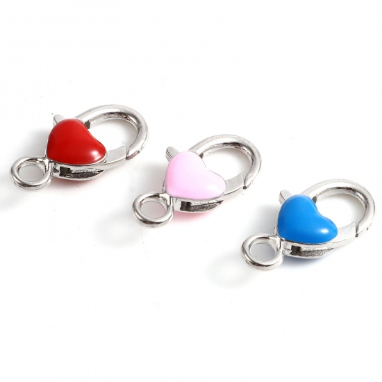 Picture of Zinc Based Alloy Lobster Clasp Findings Heart Silver Tone Multicolor Enamel 27mm x 14mm, 10 PCs