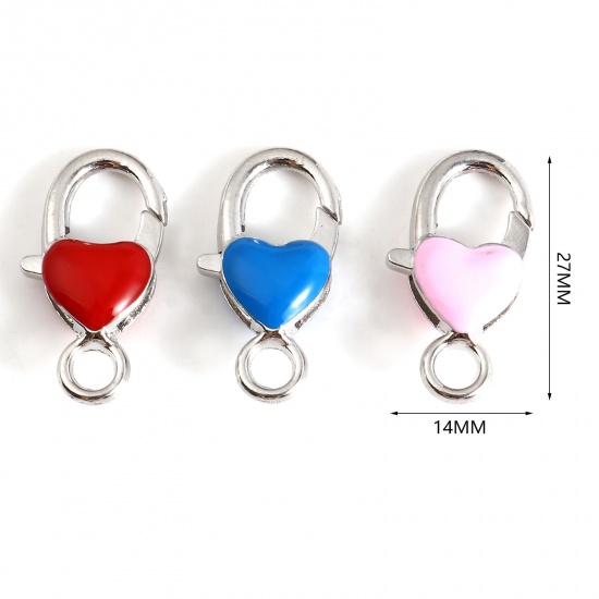 Picture of Zinc Based Alloy Lobster Clasp Findings Heart Silver Tone Multicolor Enamel 27mm x 14mm, 10 PCs