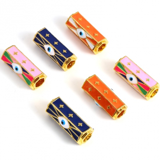 Picture of Zinc Based Alloy Religious Large Hole Charm Beads Gold Plated Multicolor Hexagonal Prism Evil Eye Enamel 22mm x 10mm, Hole: Approx 4.2mm, 1 Piece