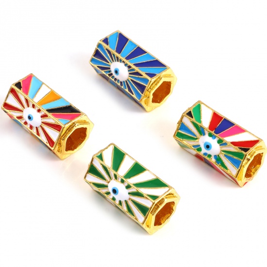 Picture of Zinc Based Alloy Religious Large Hole Charm Beads Gold Plated Multicolor Hexagonal Prism Evil Eye Enamel 21mm x 13mm, Hole: Approx 6.7mm, 1 Piece