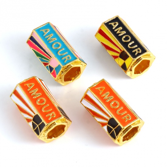 Picture of Zinc Based Alloy Religious Large Hole Charm Beads Gold Plated Multicolor Hexagonal Prism Geometric Message " Amour " Enamel 22mm x 13mm, Hole: Approx 6.7mm, 1 Piece