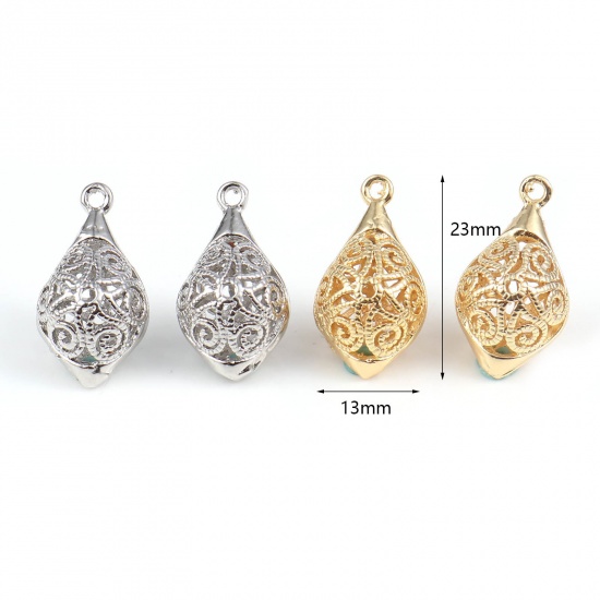 Imagen de Latón Colgantes Charms Oliva Multicolor Filigrana 23mm x 13mm, 2 Unidades