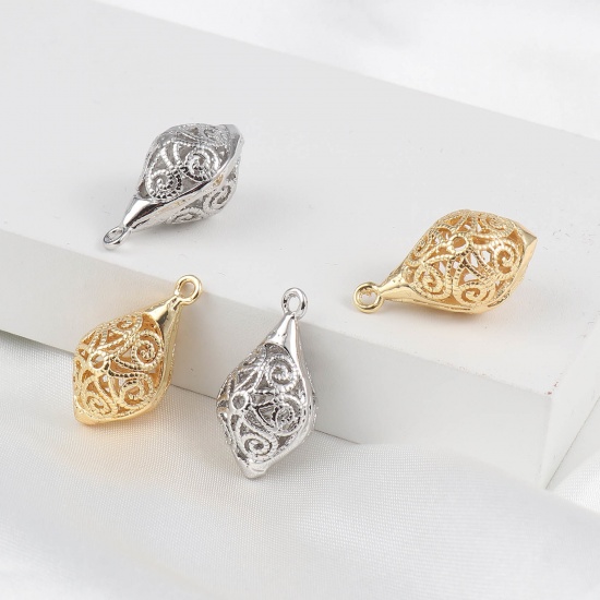 Imagen de Latón Colgantes Charms Oliva Multicolor Filigrana 23mm x 13mm, 2 Unidades