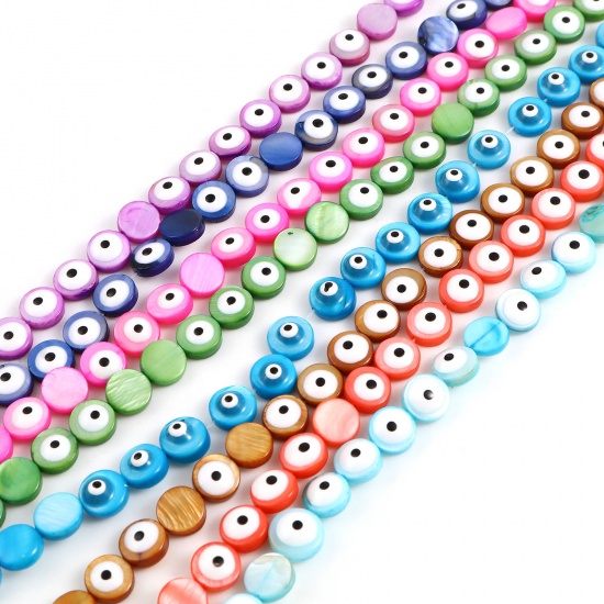 Image de Perles en Coquille Rond Multicolore Œil Mauvais à Strass Émail 8mm Dia, Taille de Trou: 0.9mm, 38.3cm - 37.8cm long, 1 Enfilade （Env. 48 Pcs/Enfilade)
