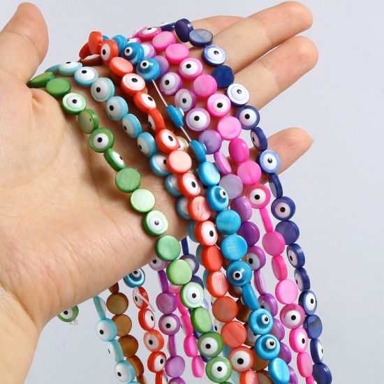 Image de Perles en Coquille Rond Multicolore Œil Mauvais à Strass Émail 8mm Dia, Taille de Trou: 0.9mm, 38.3cm - 37.8cm long, 1 Enfilade （Env. 48 Pcs/Enfilade)