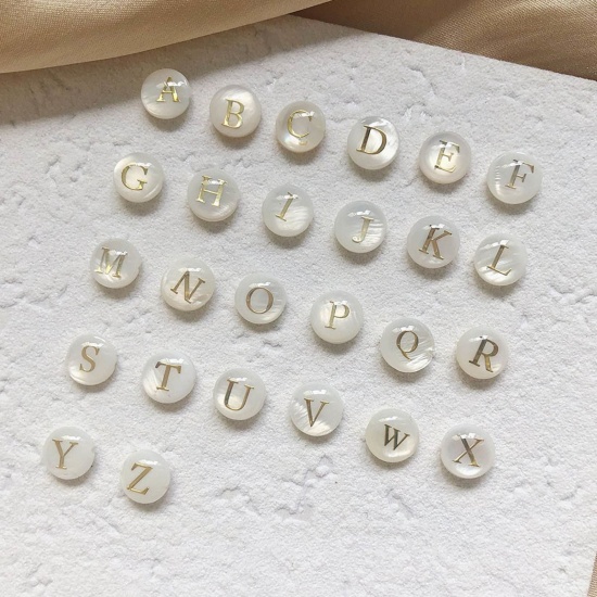 Picture of Shell Loose Beads Flat Round Creamy-White Initial Alphabet/ Capital Letter Pattern About 8mm Dia, Hole:Approx 1.1mm, 10 PCs