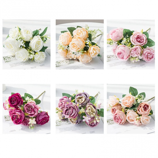 Picture of Orange Pink - 6# Plastic & Faux Silk Artificial Peony Flower For Wedding Party Home Decoration 30x18cm, 1 Bunch