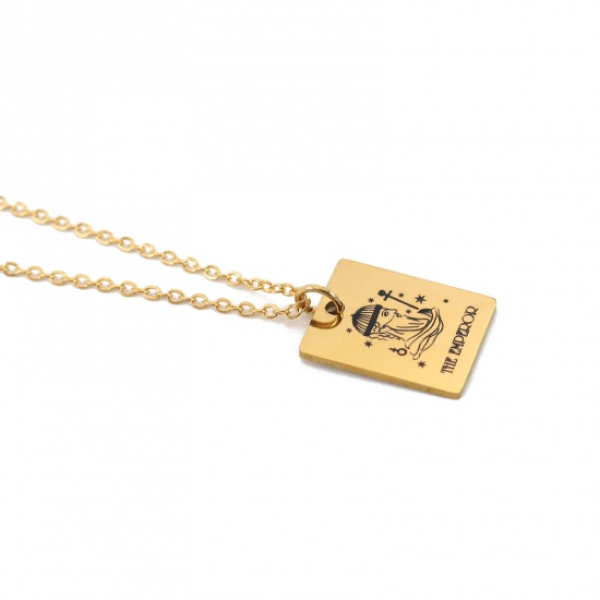 Picture of Stainless Steel Tarot Necklace Gold Plated Rectangle Message " THE WORLD " 40cm(15 6/8") long, 1 Piece