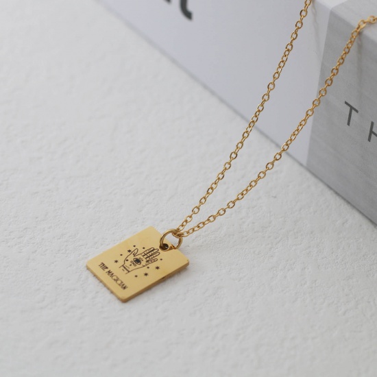 Picture of Stainless Steel Tarot Necklace Gold Plated Rectangle Message " THE WORLD " 40cm(15 6/8") long, 1 Piece