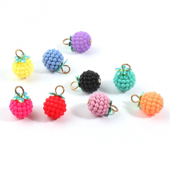 Picture of Resin Charms Raspberry Fruit Gold Plated Multicolor 18mm x 12mm, 20 PCs