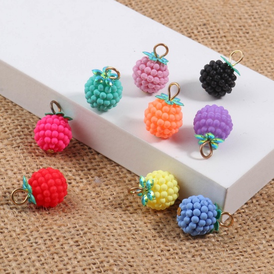 Picture of Resin Charms Raspberry Fruit Gold Plated Multicolor 18mm x 12mm, 20 PCs