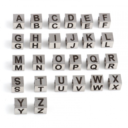 Stainless Steel Beads Square Silver Tone Black Initial Alphabet/ Capital Letter 7mm x 7mm, Hole: Approx 5.1mm, 1 Piece