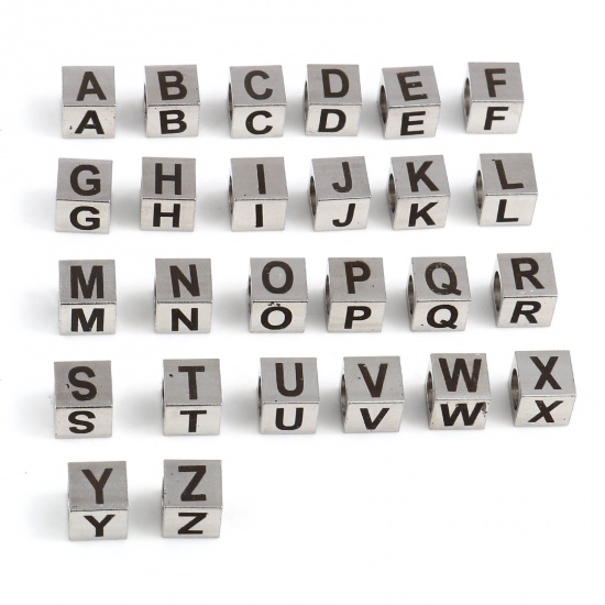 Image de Perles en Acier Inoxydable Carré Argent Mat Noir Alphabet Initial/ Lettre Majuscule 7mm x 7mm, Trou: env. 5.1mm, 1 Pièce