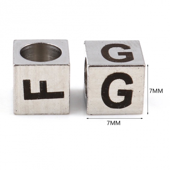 Image de Perles en Acier Inoxydable Carré Argent Mat Noir Alphabet Initial/ Lettre Majuscule 7mm x 7mm, Trou: env. 5.1mm, 1 Pièce