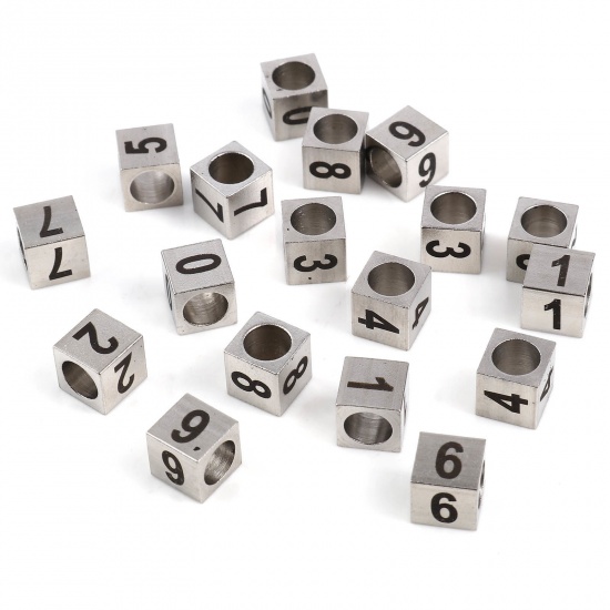 Picture of Stainless Steel Beads Square Silver Tone Black Number 7mm x 7mm, Hole: Approx 5.1mm, 1 Piece