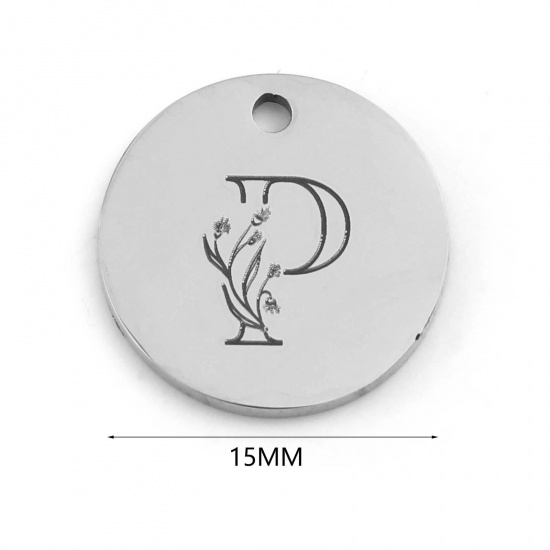 Picture of Stainless Steel Charms Round Silver Tone Initial Alphabet/ Capital Letter 15mm Dia., 1 Piece