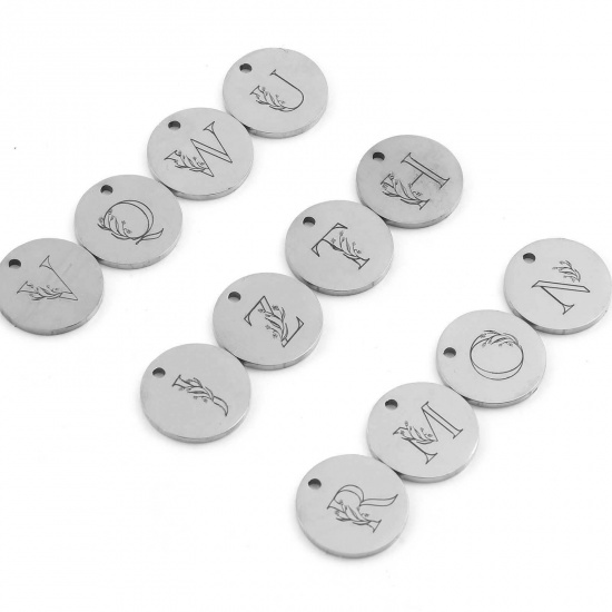 Picture of Stainless Steel Charms Round Silver Tone Initial Alphabet/ Capital Letter 15mm Dia., 1 Piece