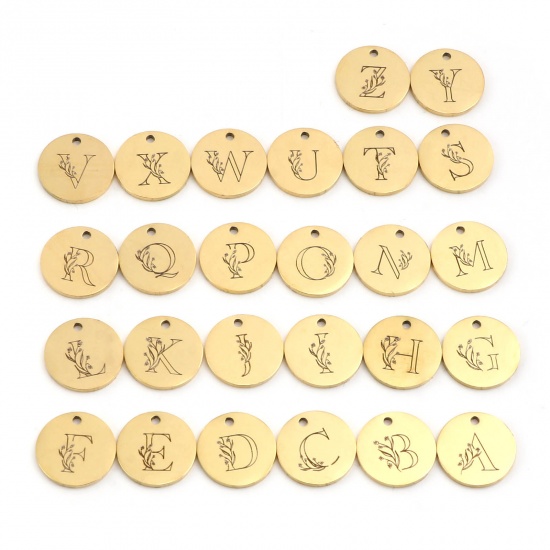 Picture of Stainless Steel Charms Round Gold Plated Initial Alphabet/ Capital Letter 15mm Dia., 1 Piece