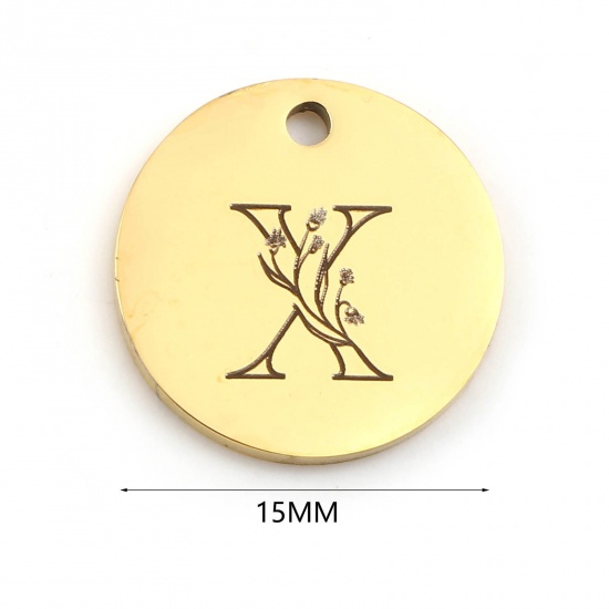 Picture of Stainless Steel Charms Round Gold Plated Initial Alphabet/ Capital Letter 15mm Dia., 1 Piece