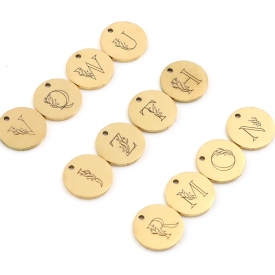 Picture of Stainless Steel Charms Round Gold Plated Initial Alphabet/ Capital Letter 15mm Dia., 1 Piece