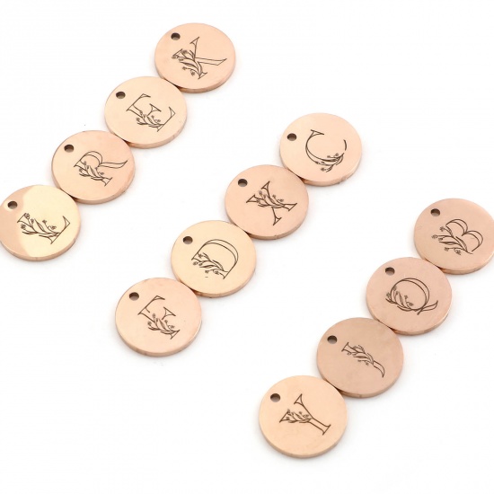 Picture of Stainless Steel Charms Round Rose Gold Initial Alphabet/ Capital Letter 15mm Dia., 1 Piece