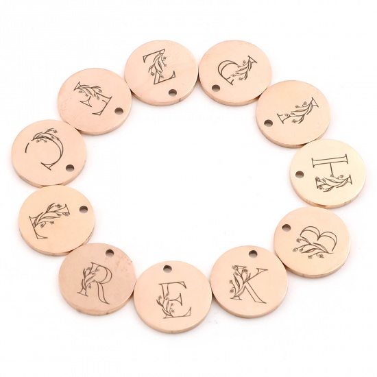 Picture of Stainless Steel Charms Round Rose Gold Initial Alphabet/ Capital Letter 15mm Dia., 1 Piece