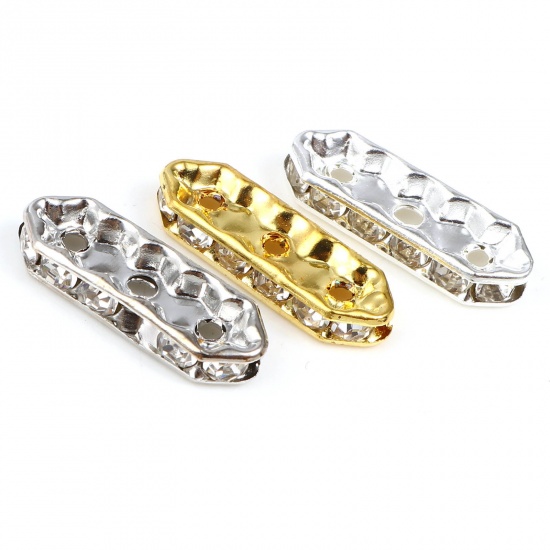 Picture of Iron Based Alloy Spacer Spacer Beads Oval Silver Tone Clear Rhinestone About 21mm x 7mm, Hole: Approx 2.2mm, 50 PCs