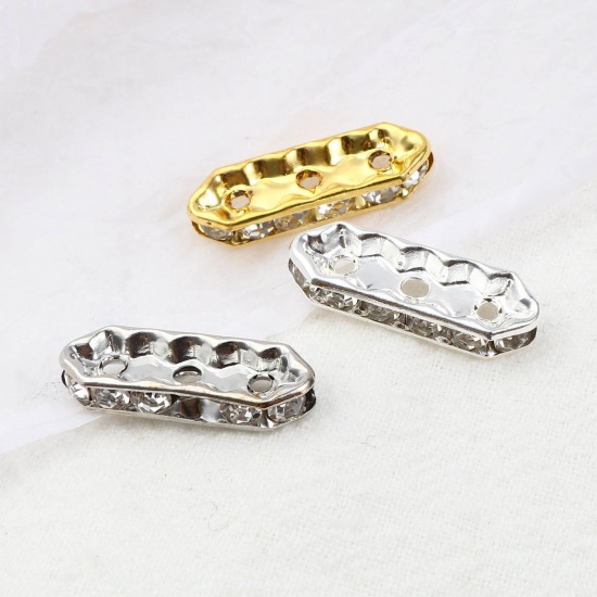 Picture of Iron Based Alloy Spacer Spacer Beads Oval Silver Tone Clear Rhinestone About 21mm x 7mm, Hole: Approx 2.2mm, 50 PCs