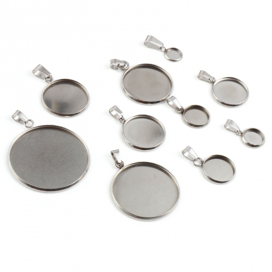 Picture of 304 Stainless Steel Pendants Round Silver Tone Cabochon Settings 1 Packet