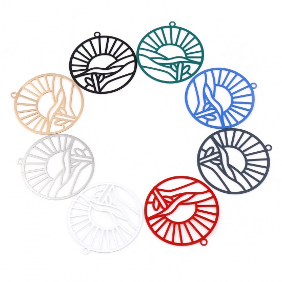 Image de Pendentifs Estampe en Filigrane en Laiton Rond Multicolore Paysages Naturels Laqué 32mm x 30mm, 10 Pcs