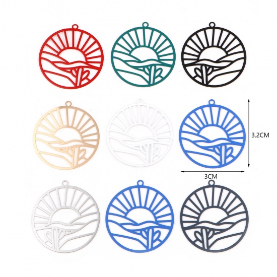 Image de Pendentifs Estampe en Filigrane en Laiton Rond Multicolore Paysages Naturels Laqué 32mm x 30mm, 10 Pcs