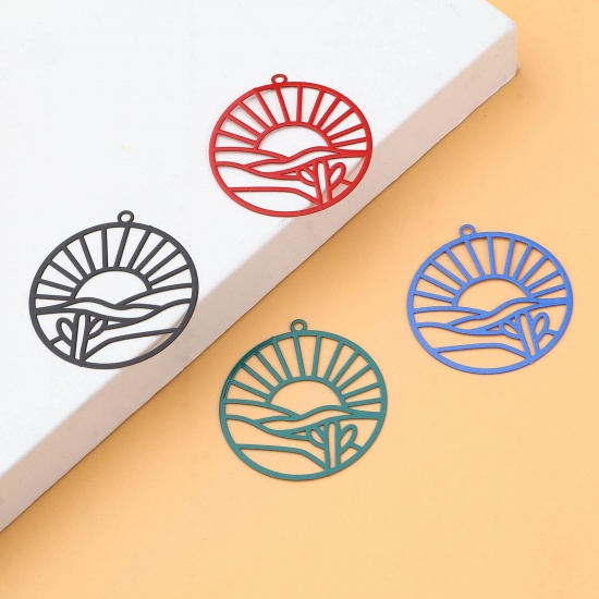 Image de Pendentifs Estampe en Filigrane en Laiton Rond Multicolore Paysages Naturels Laqué 32mm x 30mm, 10 Pcs