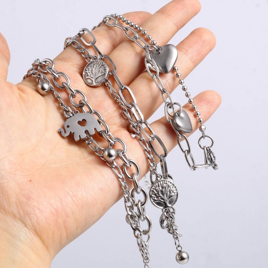 Picture of 201 Stainless Steel Link Cable Chain Bracelets Silver Tone Ball Tree Multilayer 18.5cm(7 2/8") long, 1 Piece
