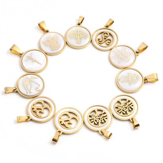 Immagine di 201 Acciaio Inossidabile & Conchiglia Ciondoli Tondo Oro Placcato Bianco 30mm x 20mm, 1 Pz
