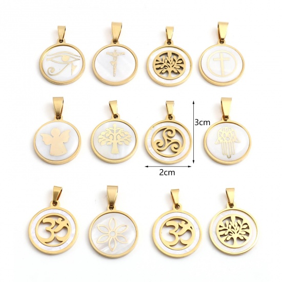 Immagine di 201 Acciaio Inossidabile & Conchiglia Ciondoli Tondo Oro Placcato Bianco 30mm x 20mm, 1 Pz
