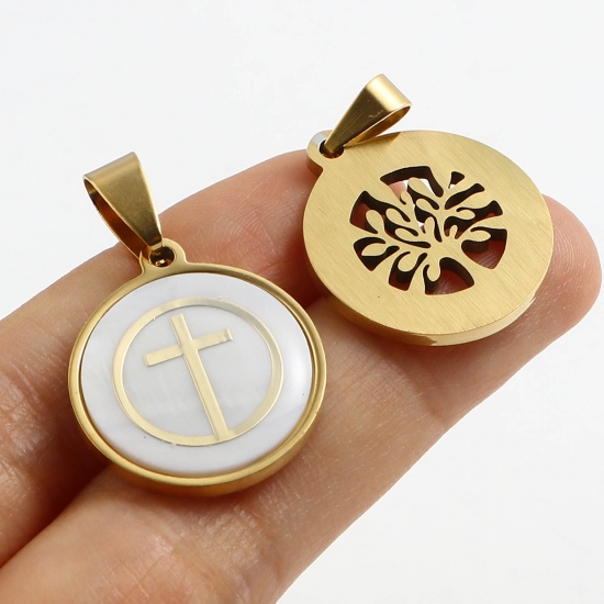 Immagine di 201 Acciaio Inossidabile & Conchiglia Ciondoli Tondo Oro Placcato Bianco 30mm x 20mm, 1 Pz