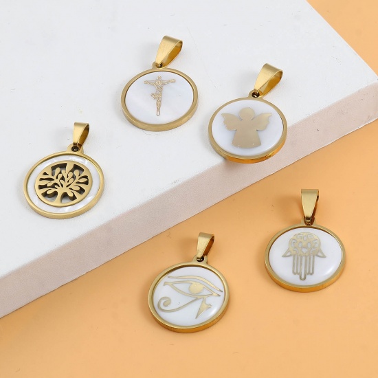 Immagine di 201 Acciaio Inossidabile & Conchiglia Ciondoli Tondo Oro Placcato Bianco 30mm x 20mm, 1 Pz