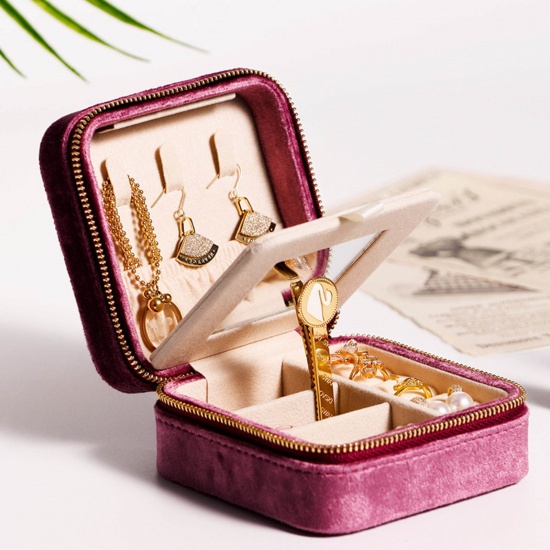 Picture of Velvet Jewelry Gift Jewelry Box Square Dark Pink 10cm x 10cm , 1 Piece