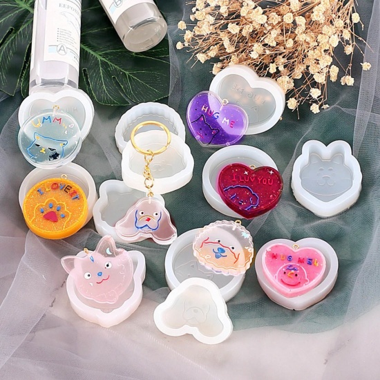 Picture of Silicone Resin Mold For Jewelry Making Pendant Heart Cat White 5.7cm x 5cm, 1 Piece