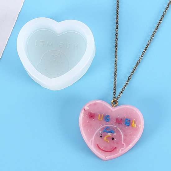 Picture of Silicone Resin Mold For Jewelry Making Pendant Heart Cat White 5.7cm x 5cm, 1 Piece
