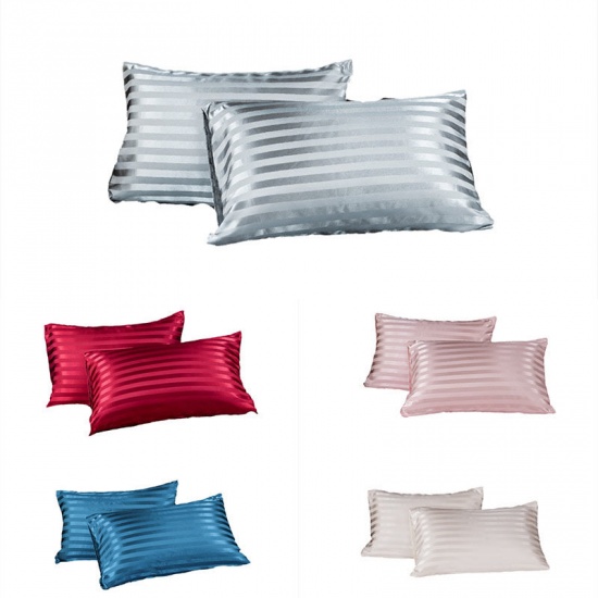 Picture of Black - (51x92cm) Solid Color Artificial Silk Stripe Rectangle Pillowcase Home Textile, 1 Pair