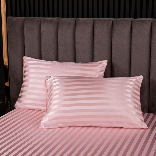 Picture of Black - (51x92cm) Solid Color Artificial Silk Stripe Rectangle Pillowcase Home Textile, 1 Pair