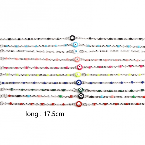 Picture of Stainless Steel Religious Link Cable Chain Bracelets Silver Tone Multicolor Round Evil Eye Enamel 17.5cm(6 7/8") long, 1 Piece