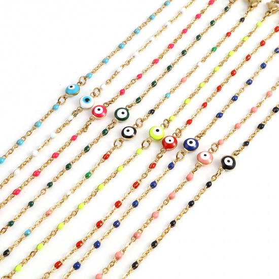 Picture of Stainless Steel Religious Link Cable Chain Bracelets Gold Plated Multicolor Round Evil Eye Enamel 17.5cm(6 7/8") long, 1 Piece